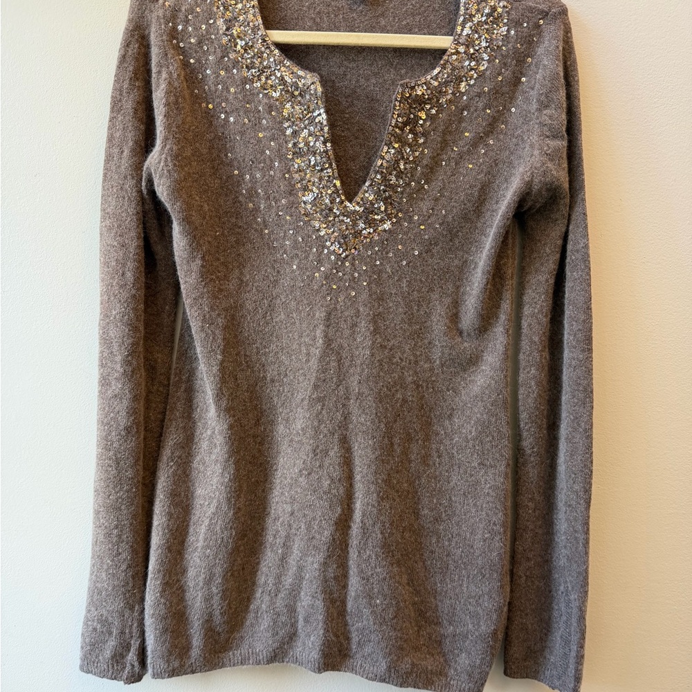 Embellished V-Neck Sweater Brown Gray Cashmere Wool Evening Work Party Feminine